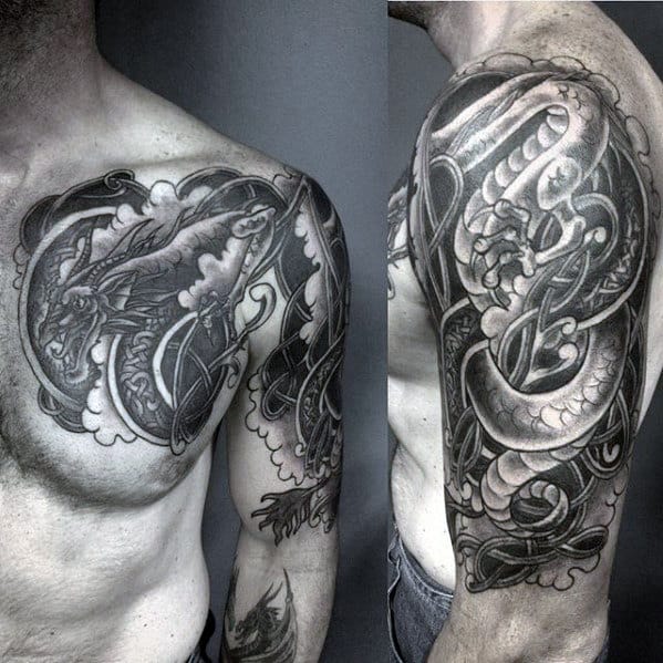 Heavily Shaded Masculine Guys Tribal Knot Dragon Arm And Chest Tattoo