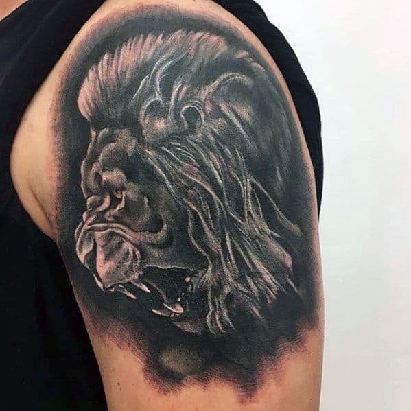 Heavily Shaded Masculine Realistic Lion Tattoos For Guys