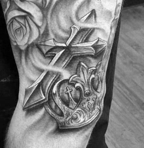 Heavily Shaded Mens 3d Cross Tattoo On Arm