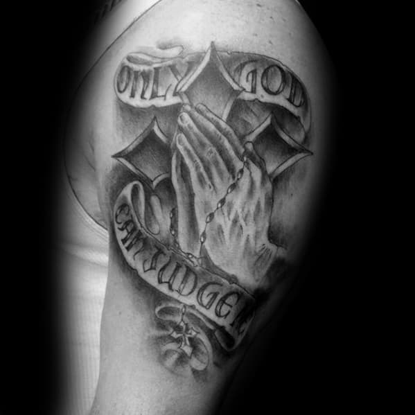 heavily shaded only god can judge me religious mens arm tattoo