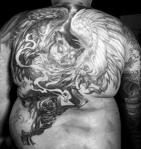 Heavily Shaded Owl Male Full Back Tattoos