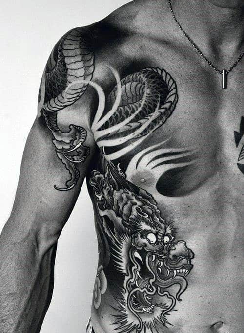 Heavily Shaded Rib Cage Side Of Body Guys Chinese Dragon Tattoo