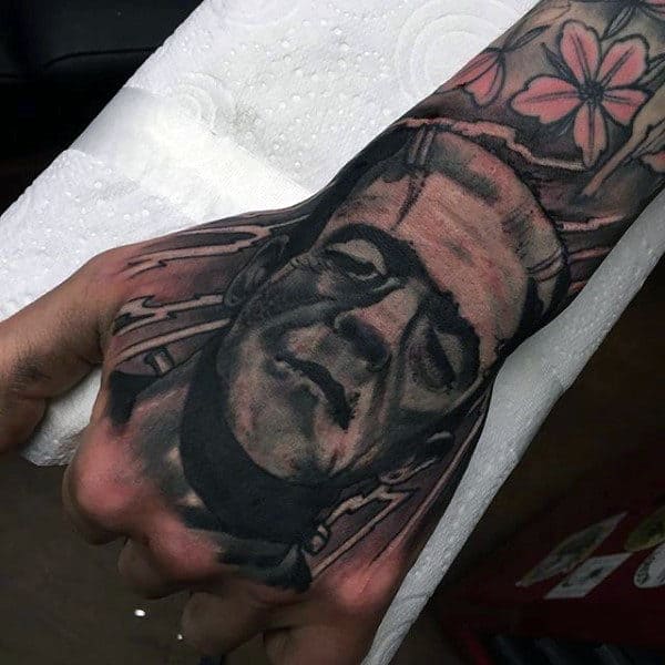 Heavily Shaded Tattoo Of Frankenstein On Gentlemans Hand