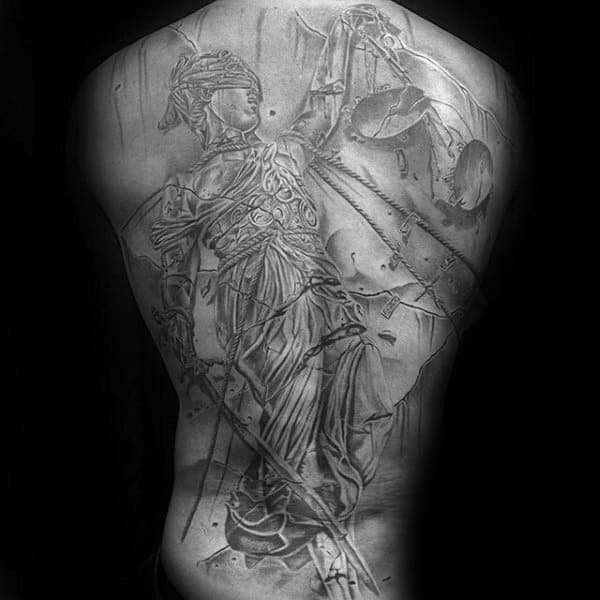 Heavily Shaded Tattoo Of Lady Justice On Mans Back