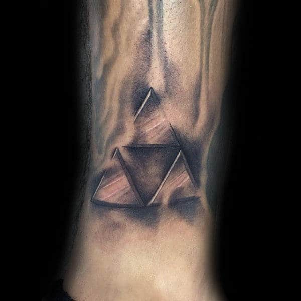 Heavily Shaded Triforce Symbol Tattoo On Lower Leg For Men