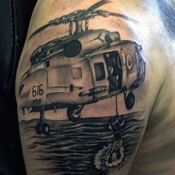 Helicoper With Diver Mens Navy Upper Arm Tattoos