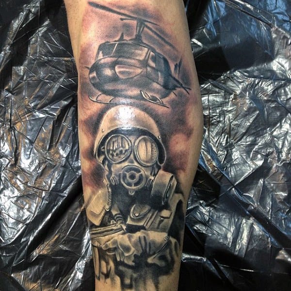 Helicopter And Soilder Mens Gas Mask Tattoo On Leg