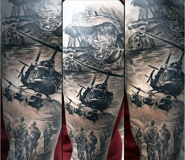 Helicopter Soliders Army Sleeve Male Tattoo