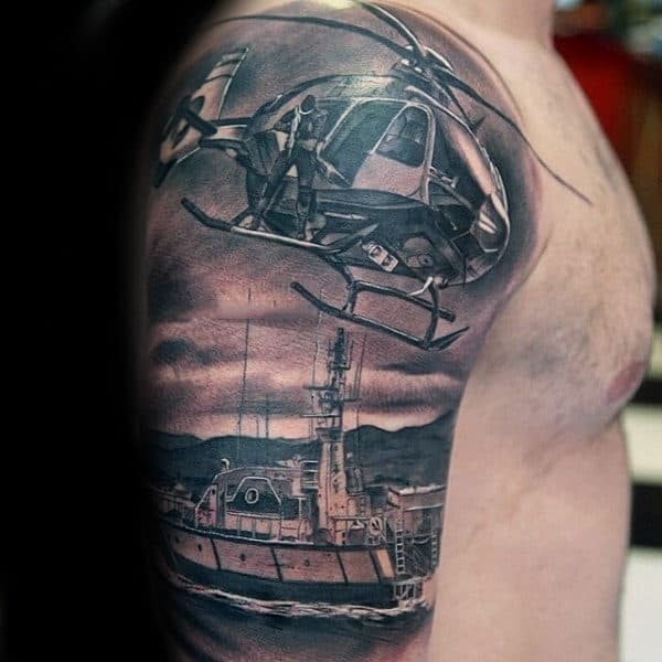 Helicopter With Boat Mens Detailed Half Sleeve Tattoos