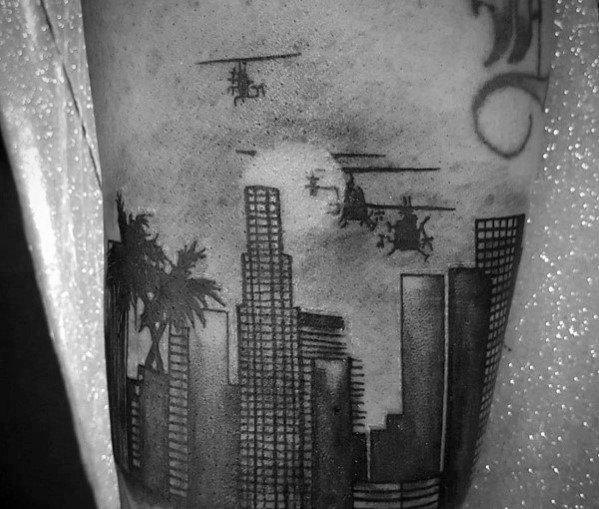 Helicopters Flying Over City Skyline Mens Arm Tattoos
