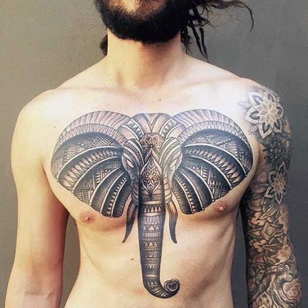Henna Patterned Grey Elephant Tattoo on a Chest