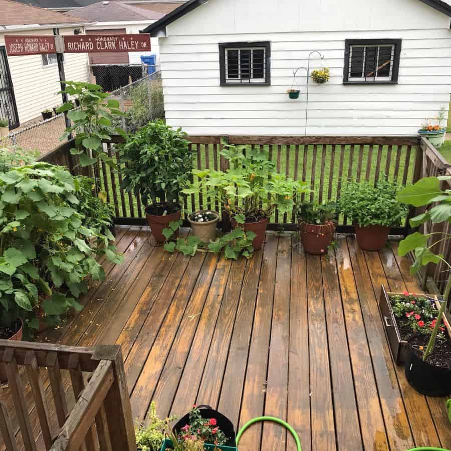 Wooden deck with potted plants and vegetables, overlooking a fenced backyard and a white garage