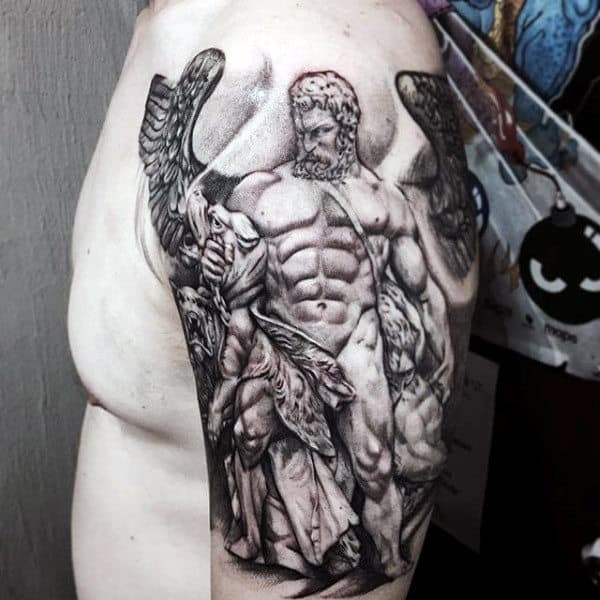 Hercules With Angel Wings Mens Upper Arm Tattoos