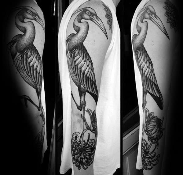 Heron Guys Tattoo On Full Arm With Shaded Flower Design