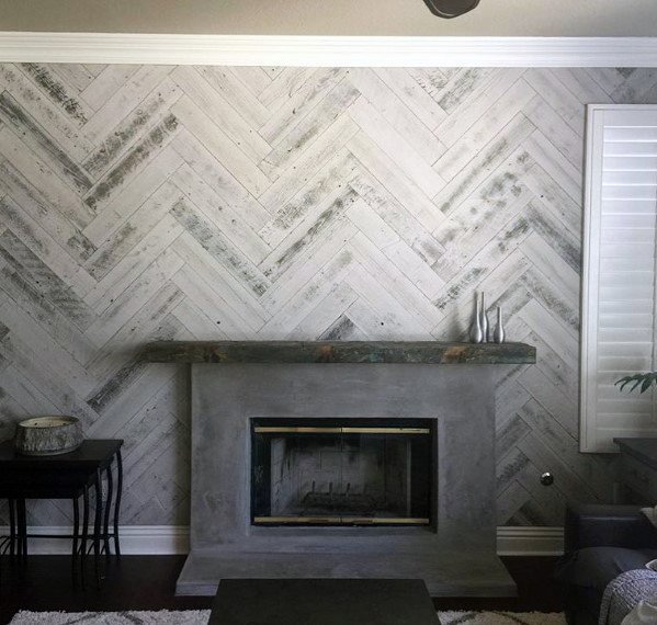 Herringbone Stained Grey Wood Wall Ideas With Fireplace