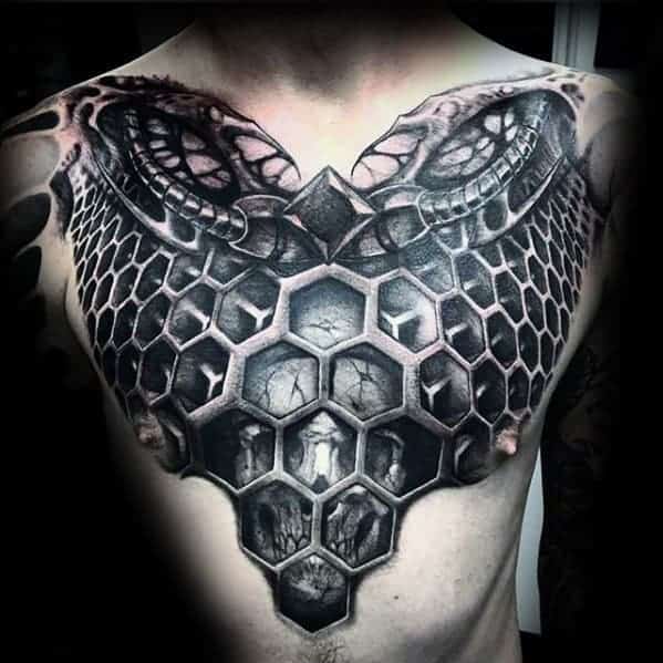 Detailed chest tattoo featuring a 3D honeycomb pattern and a fierce serpent
