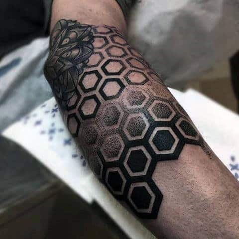 Hexagon Artistic Pattern Male Forearm Tattoo With Dotwork Design