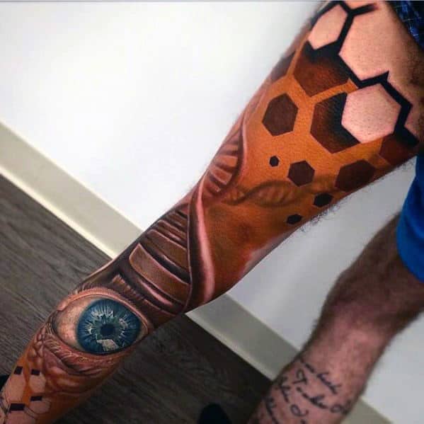 Hexagon Dna Helix With Eye Guys 3d Leg Sleeve Tattoos