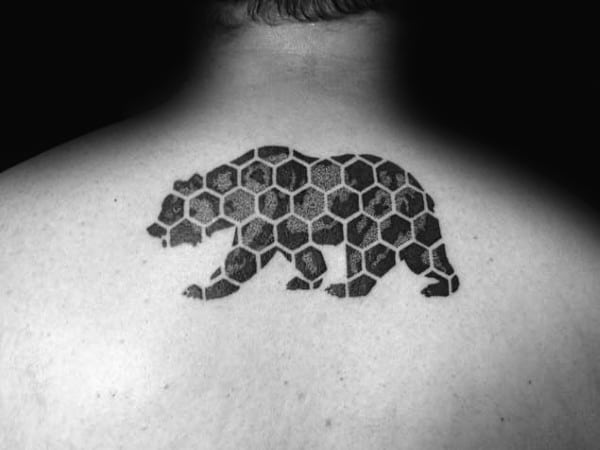 Hexagon Geometric California Mens Upper Back Bear Tattoo
