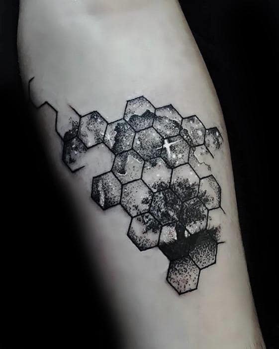 Hexagon Geometric Small Tree With Night Sky Mens Inner Forearm Tattoo