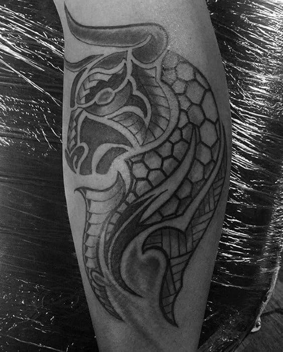 Hexagon Pattern With Tribal Design Mens Bull Leg Tattoo