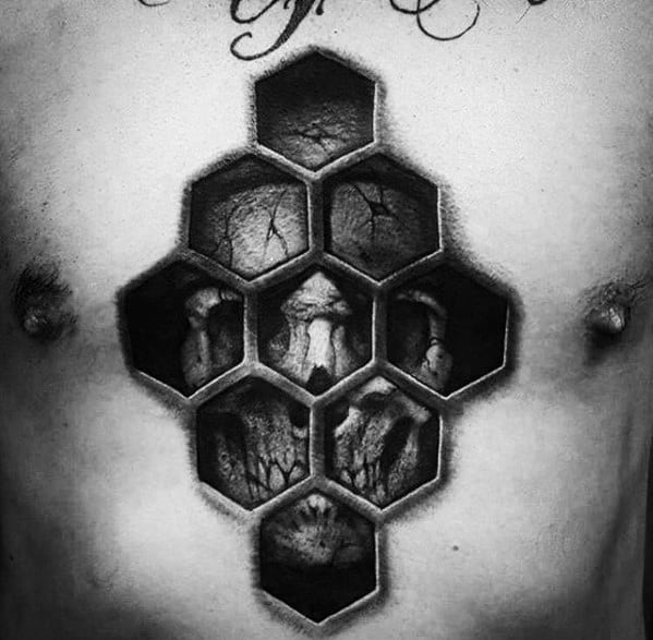 Hexagon Skull Unbelievable 3d Male Center Of Chest Tattoos