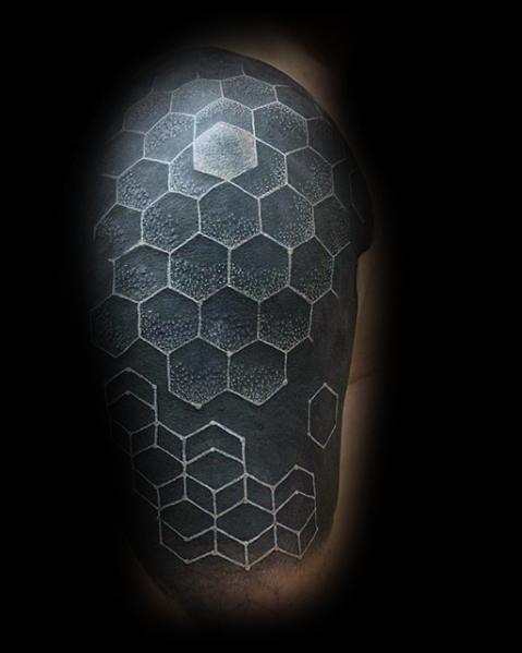 Hexagon White Ink Over All Black Guys Quarter Sleeve Tattoo