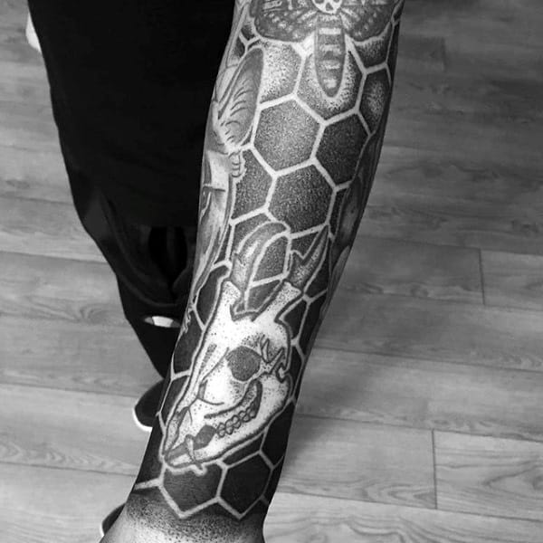 Hexagonal Honey Bee Pattern Tattoo Male Forearm
