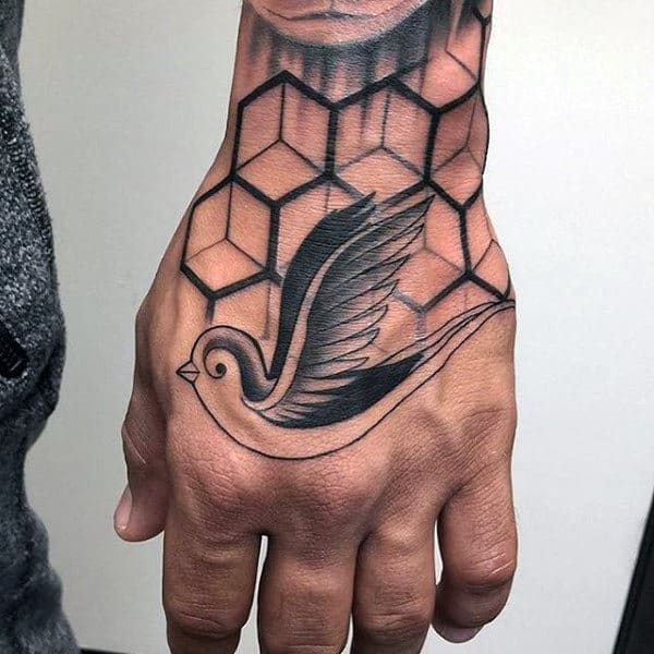 Hexagonal Pattern And Sparrow Tattoo Guy Hands