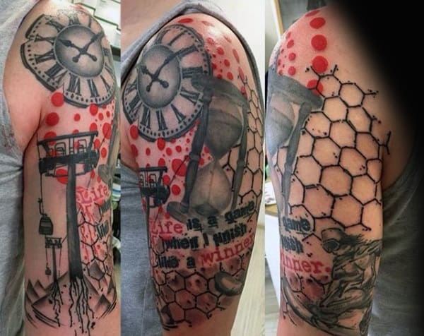Hexagonal Red Patterned Snowboard Tattoo Male Arms