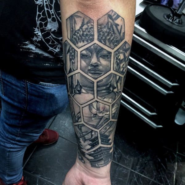 Hexagonal Tiled Buddha Tattoo For Men On Lower Arms