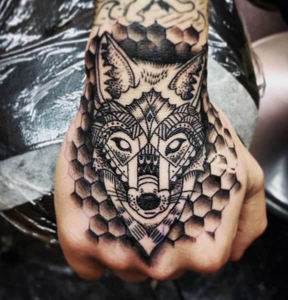 Hexagons And Fox Black Tattoo Mens Hands