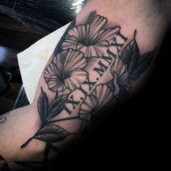 Hibiscus Flower With Roman Numerals Mens Inner Arm Tatto