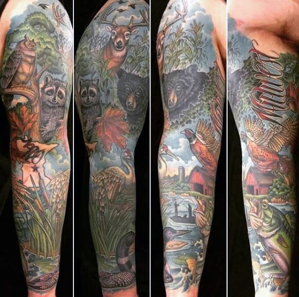 Highly Detailed Nature Scene Sleeve With Bass Bear Deer Animals On Male