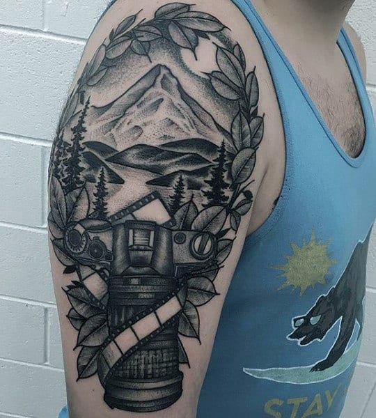 Hilly Landscape And Camera Tattoo Male Arms