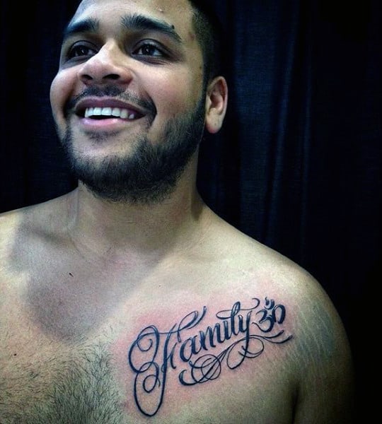 Hindu OM Symbol And Family Tattoo Mens Chest