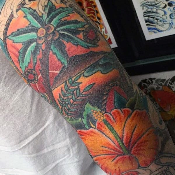 Hip Orange Palm Tree Painting Tattoo On Arms For Male