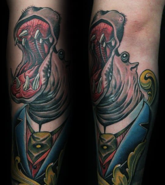 Hippo Wearing Suit Forearm Tattoos Male