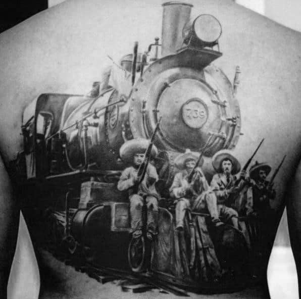 Historic Wartime And Railway Engine Realism Tattoo Mens Back