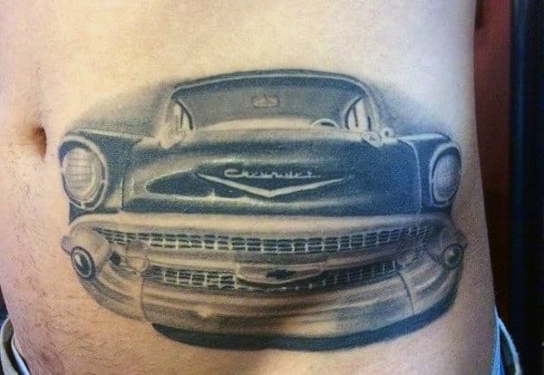Tattoo of a vintage Chevrolet car on a torso