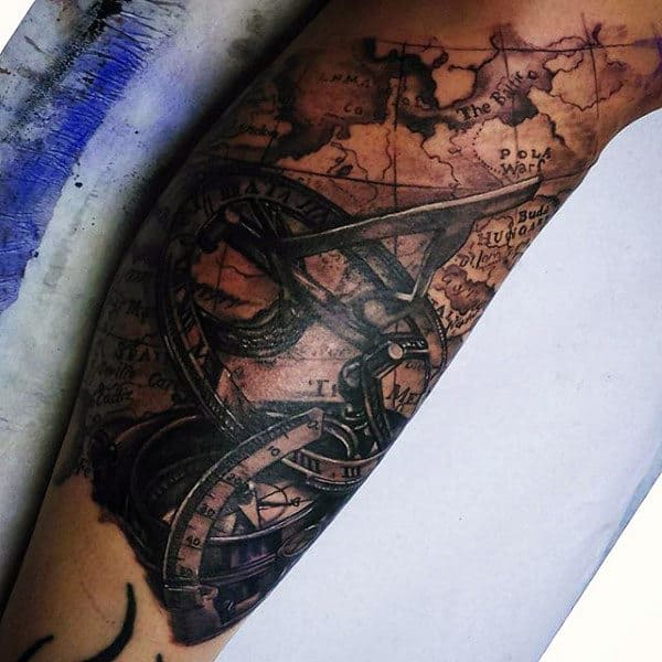 Historical World Map Tattoos For Guys In Black Ink