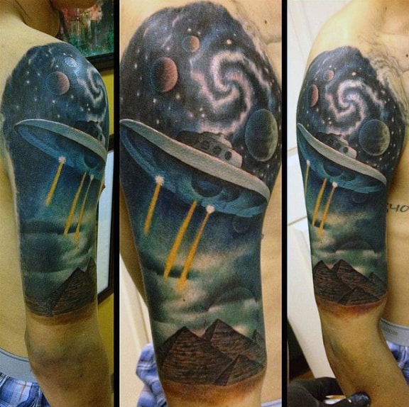 Hlaf Sleeve Spaceship Over Pyramids Tattoo On Man