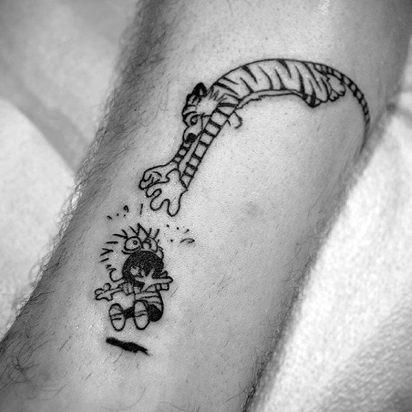 Hobbes Jumping On Calvin Guys Black Ink Small Simple Forearm Tattoos