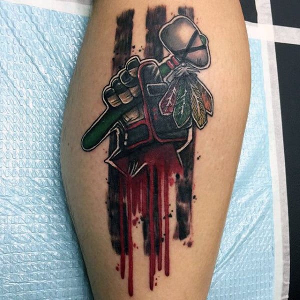 Hockey Glove With Tomahawk Guys Chicago Blackhawks Tattoo On Leg
