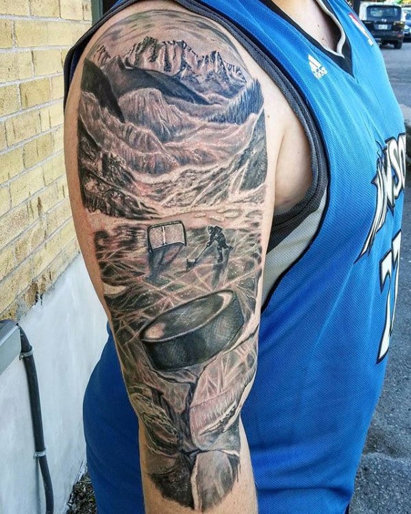 Hockey Player On Ice With Pucky Mens Half Sleeve Tattoos