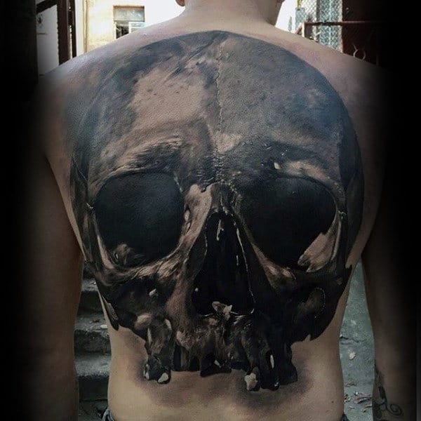 Hollow Dark Eyed Sick Skull Tattoo Male Back