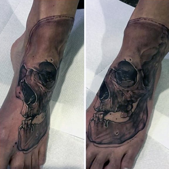 Hollow Eyed Skull Tattoo On Foot