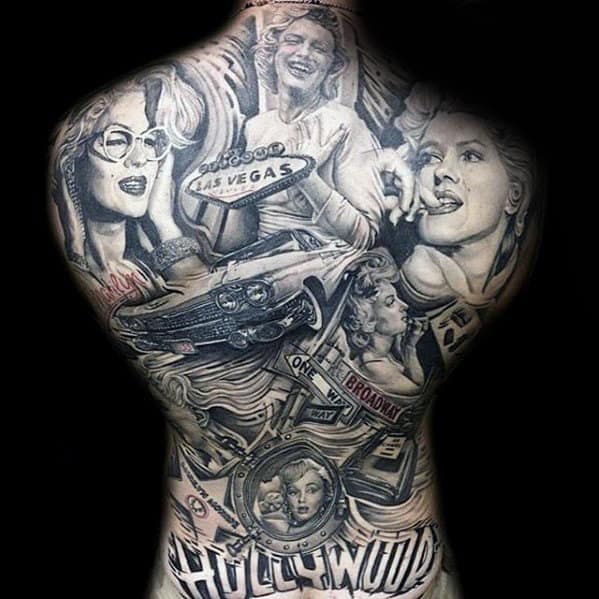 Hollywood Themed Guys Cadillac Car Full Back Tattoo