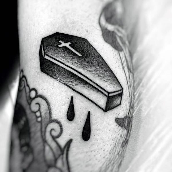 Holy Cross Coffin Tattoo With Tear Drops For Men
