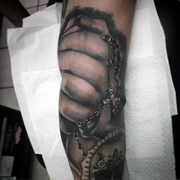 Holy Rosary Male Tattoo Designs With Hand